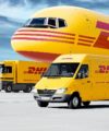DHL airplane and trucks on runway